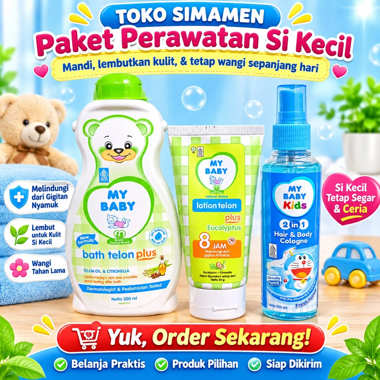Paket hemat my baby, my baby bath 200ml+my baby lotion telon plus 50gr+my baby cologne biru 100ml