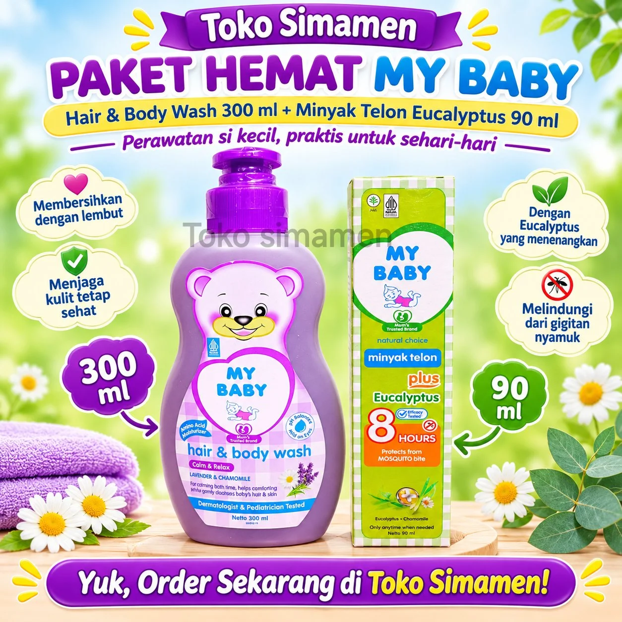 My Baby minyak telon eucalyptus 90ml+My baby Hair & bodywash 300ml, paket hemat produk My Baby